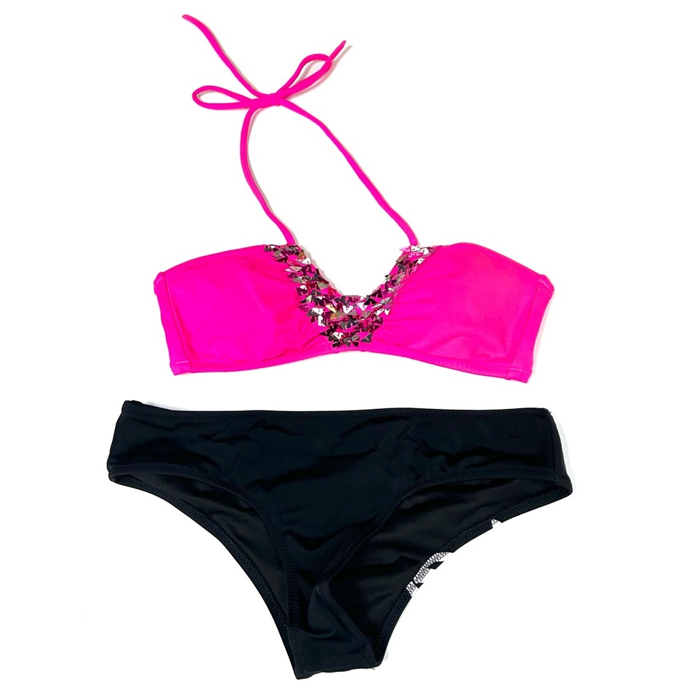 Y2K Victorias Secret Bikini Set Size XS Totally Beachin Sequins Black Pink #1196